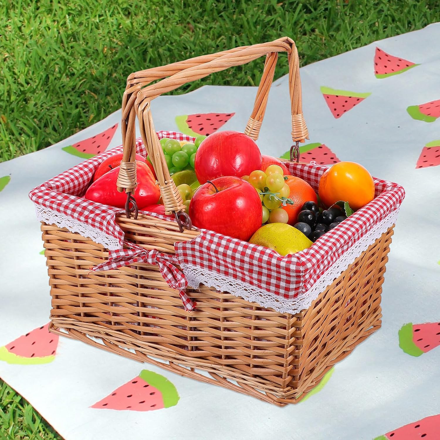 Wicker Hand Basket Willow Picnic Basket with Red White Checked Liner Square Storage Container for Outdoor Picnic and Food Storage