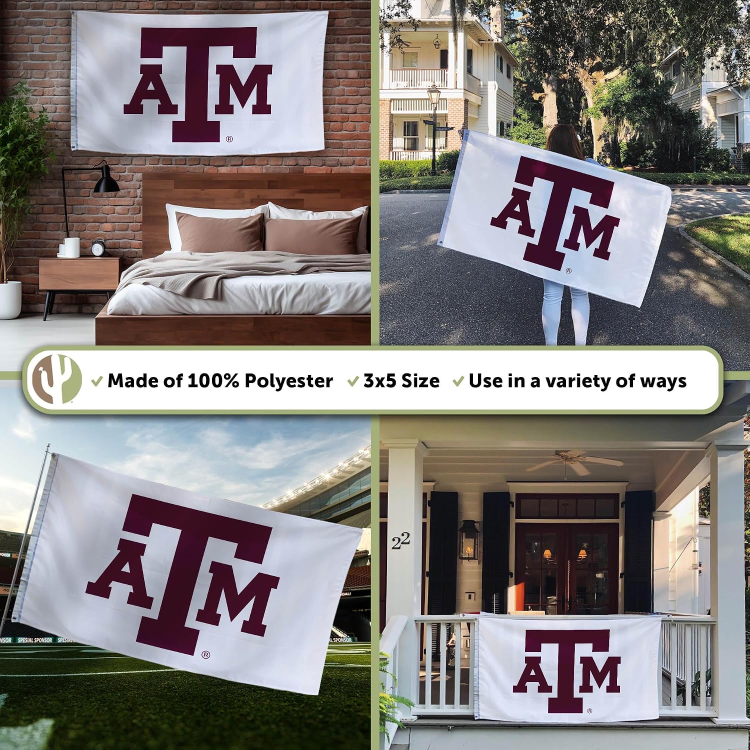 Desert Cactus Texas A&M University TAMU Flag - 3 x 5 Feet Aggies Banner, Indoor/Outdoor Durable Fabric, 100% Polyester Design (Style Z)