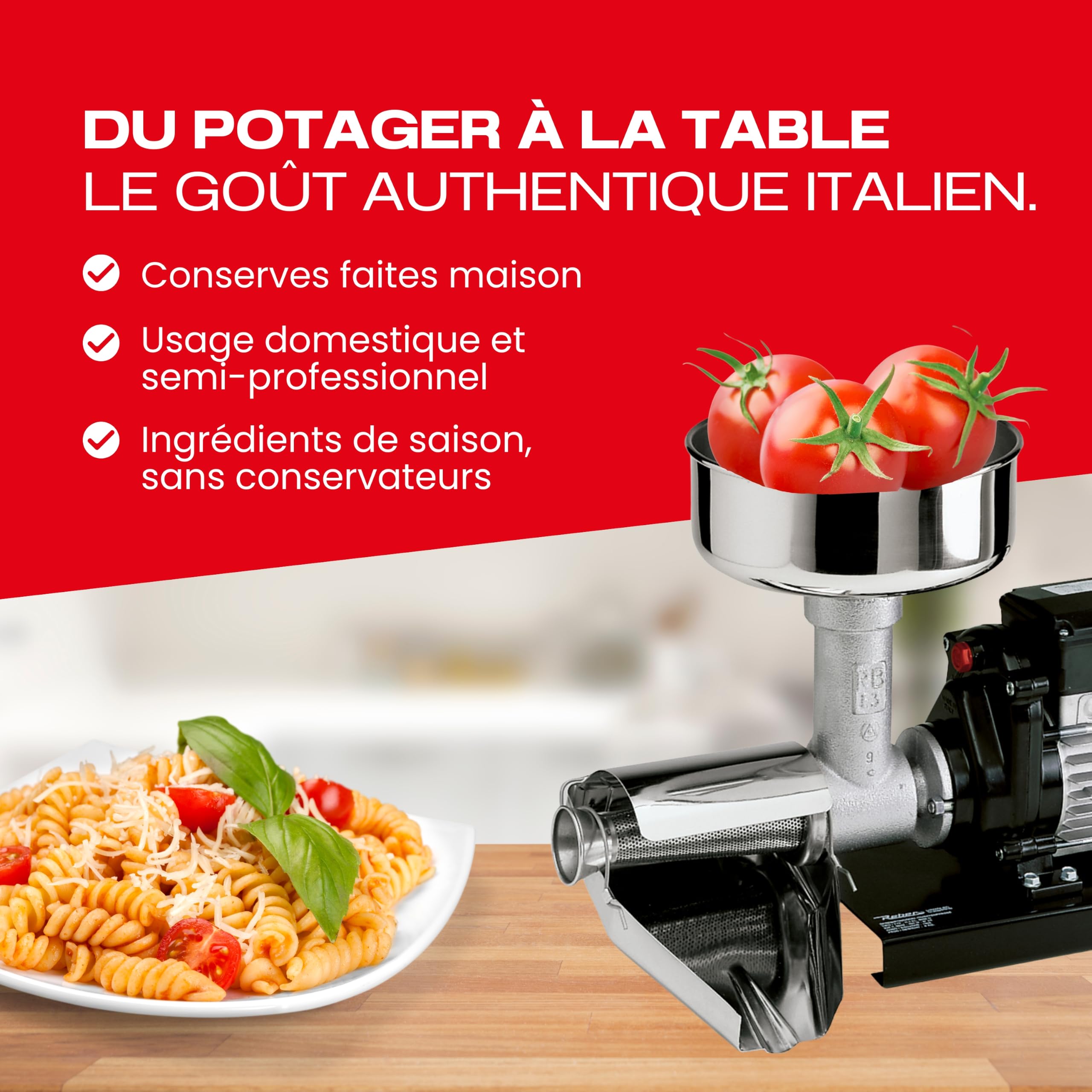Reber Presse-Tomates Électrique N.5 500 W pour Coulis et Conserves | Pour confitures et jus de fruits, jusqu'à 340 kg/h, accessoires en acier inoxydable, moteur à induction en continu