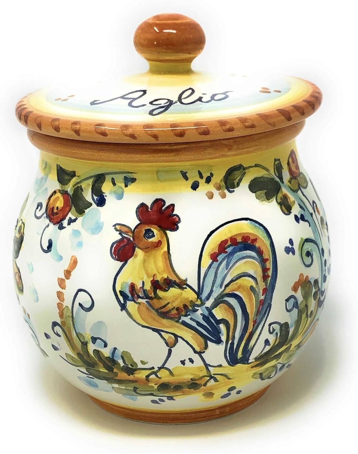 CERAMICHE D'ARTE PARRINI Italian Ceramic Garlic Jar Holder with Lid Hand Painted Rooster Pattern Montelupo Tuscany Made in Italy
