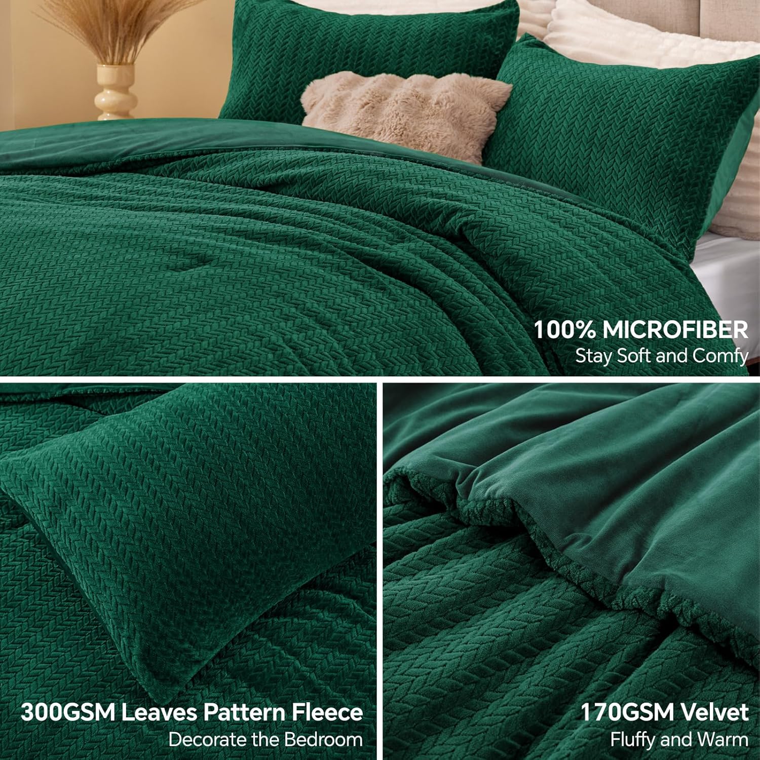 Flannel Fleece Queen Comforter Set - Furry Green Leaves Pattern Faux Fur Bed Set, Winter Ultra Soft Fuzzy Comfort Set, Velvet Bedding Set for Bed with 2 Pillow Cases - Image 2