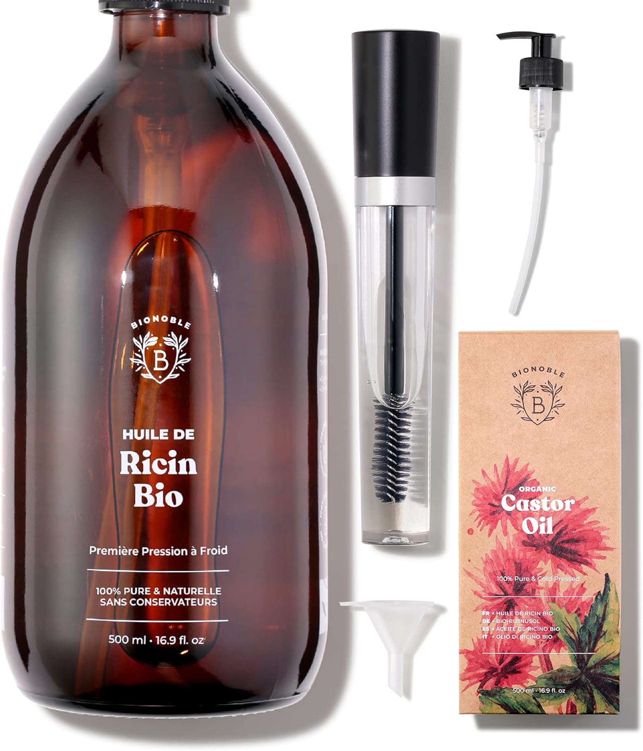Bionoble Huile de Ricin Bio 500ml + Kit Mascara et Pompe Bouteille en Verre 100 Pure