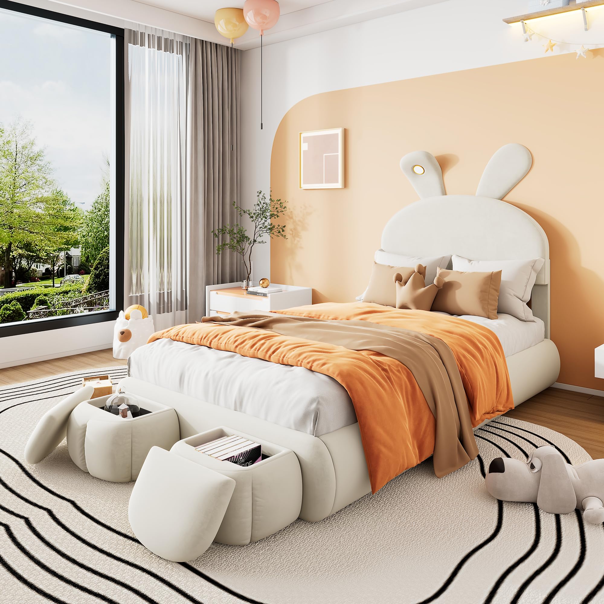 Letto imbottito da 90 x 200 cm, letto per bambini con 2 sgabelli di stoccaggio e illuminazione LED per comodino, orecchie di coniglio pieghevoli, struttura del letto LED per ragazze, letto per ragazzi