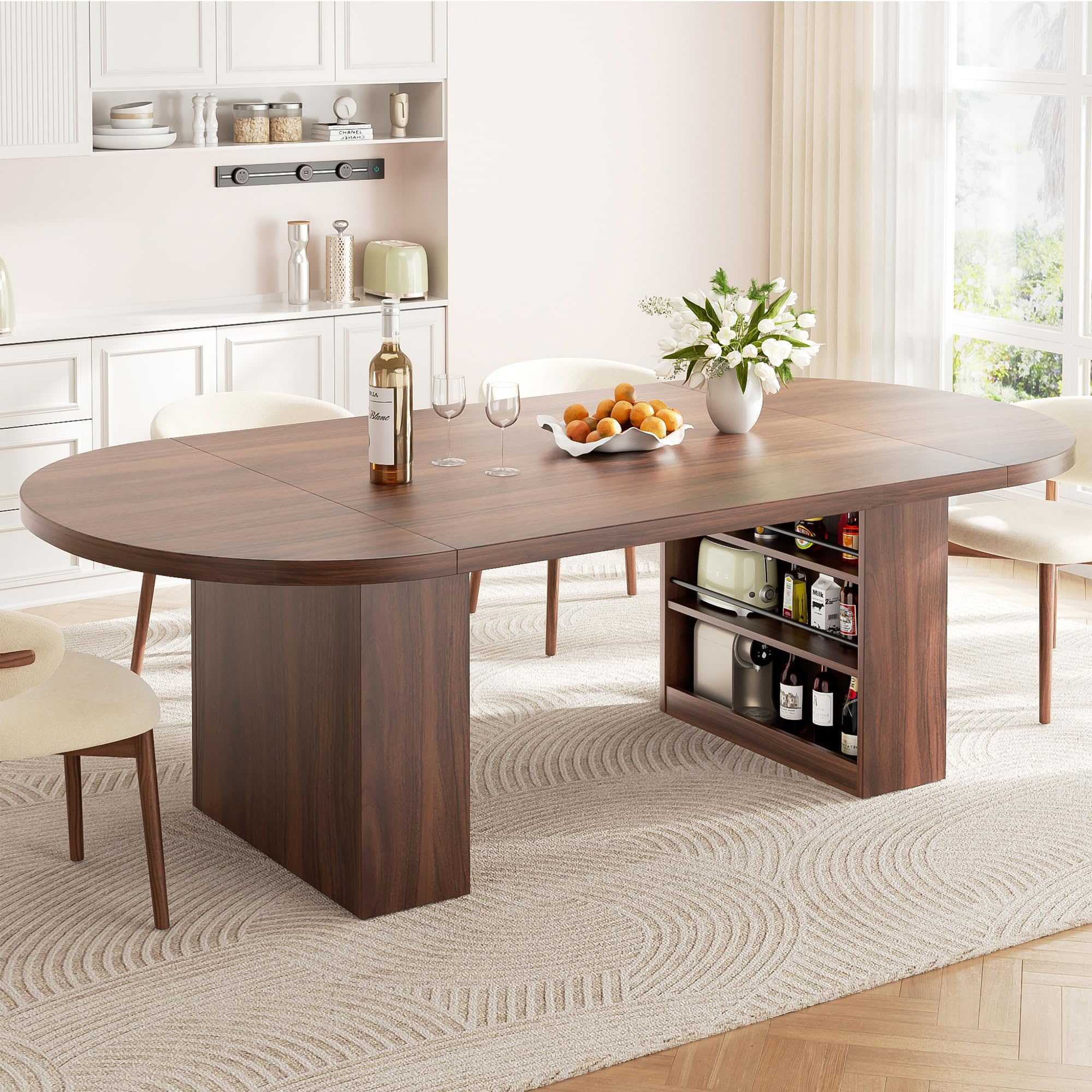 Jocoevol Esstisch 180x80 cm Oval, Massiver Küchentisch mit Stauraum in Seitenschränken, Esszimmertisch für 6-8 Personen, Robust bis 180 kg für Küchen und Esszimmer, Nussbaum