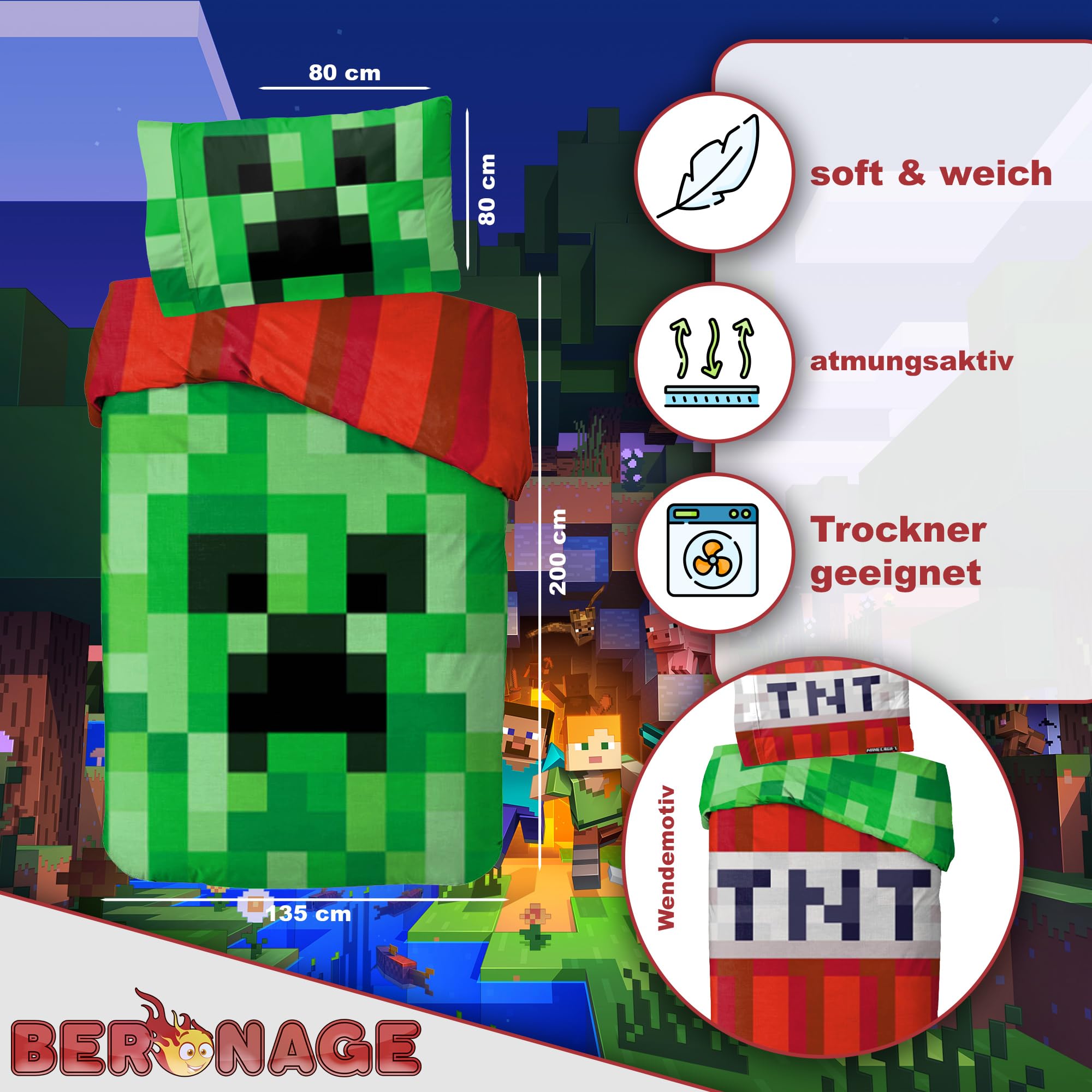Minecraft Bettwäsche Creeper TNT 135x200 cm + 80x80 cm 100% Baumwolle Biber/Flanell Wendemotiv warm weich Kinderbettwäsche Jungen Mädchen Fanartikel YKK Reißverschluss Geschenk