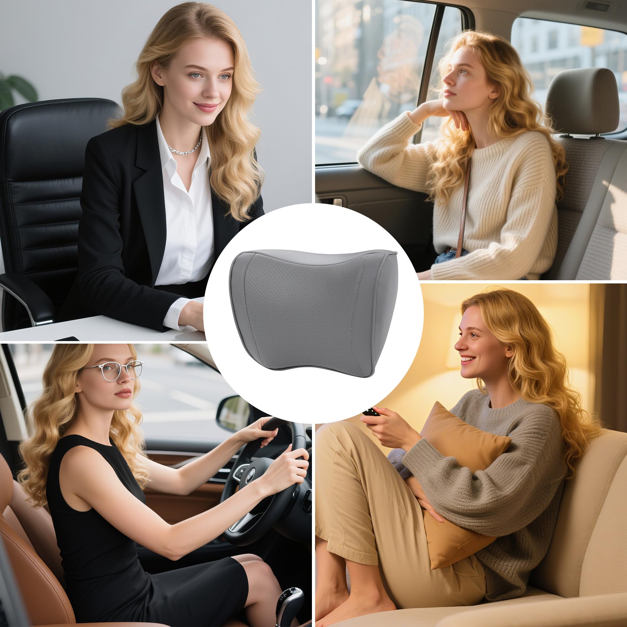 Cuscino Poggiatesta Auto Memory Foam in Pelle, Ergonomico Pillow Ortopedico per Collo per Cervicale, Supporto Testa Seggiolino Auto per Guida, Viaggi, Casa e Ufficio, Grigio, 1 Pezzo