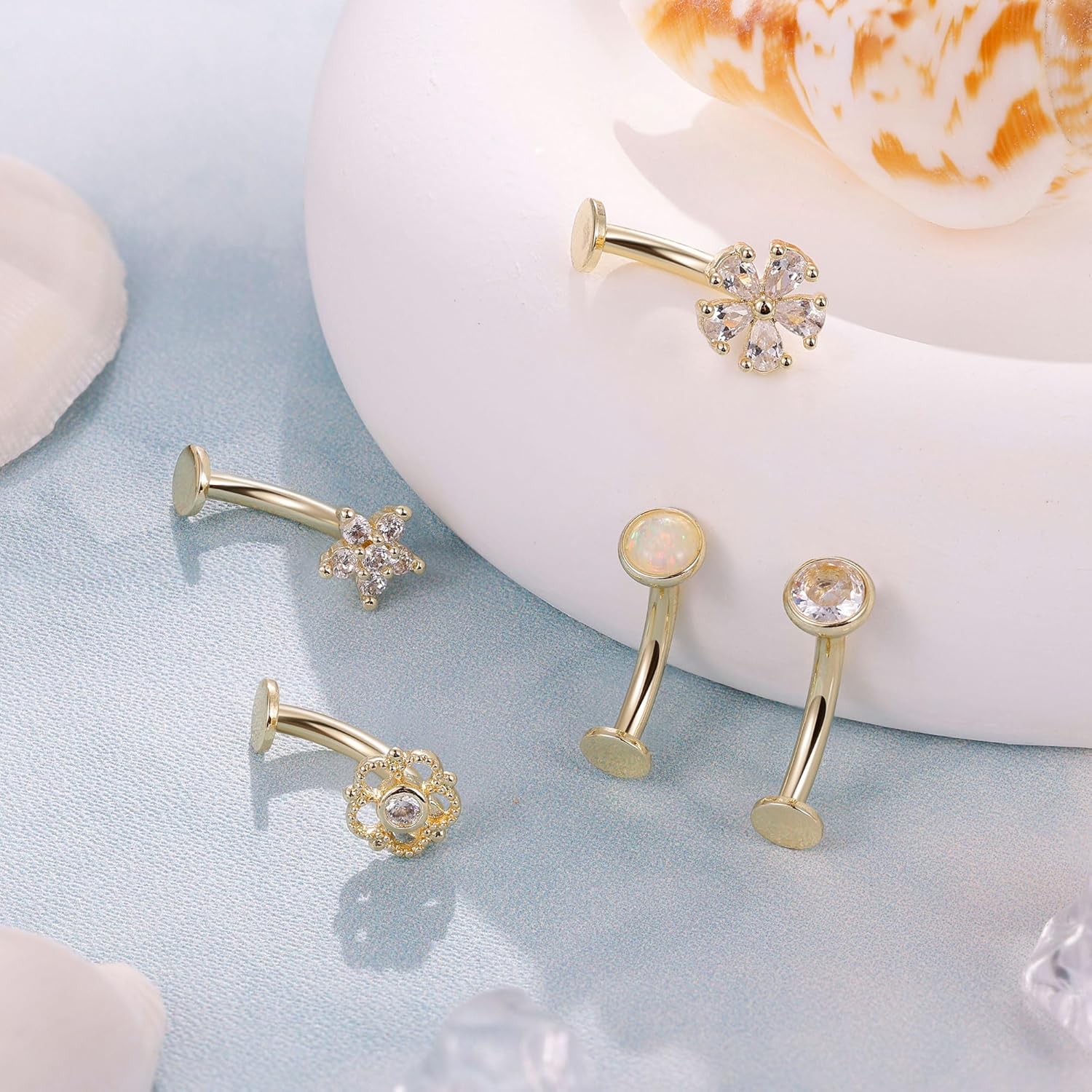 REVOLIA 5Pcs 14G Surgical Steel Floating Belly Button Rings for Women Flat Back Petite Belly Ring Opal Flower CZ Small Navel Rings Internally Threaded Belly Piercing Jewelry 8/10/12/14mm - Image 2