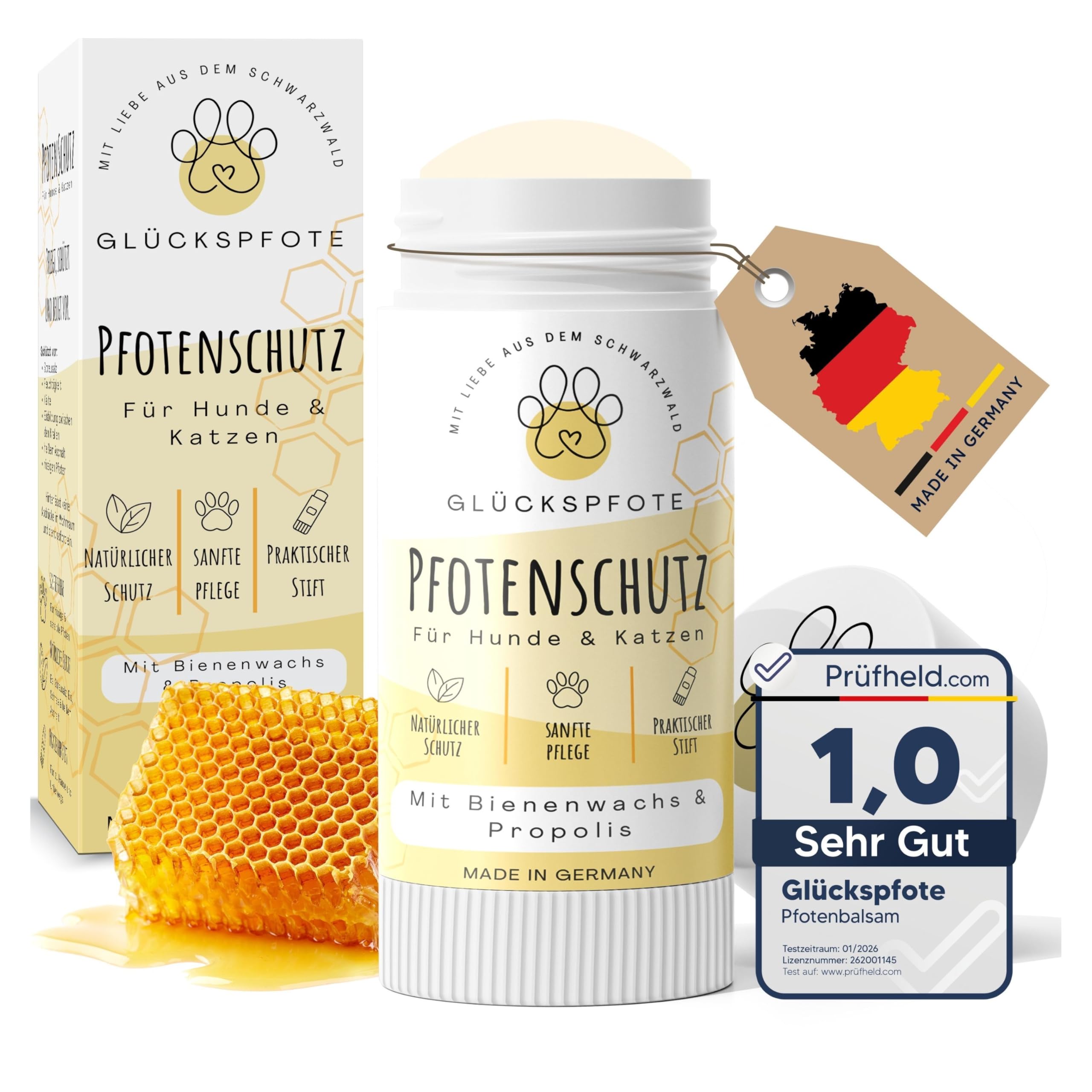 GLÜCKSPFOTE® Pfotenbalsam Stick für Hund Katze [Testsieger] |100% Natürlich gegen trockene rissige Pfoten | Pfotenpflege mit Bienenwachs ideal als Pfotenschutz für Sommer Winter f. Hunde Katzen.