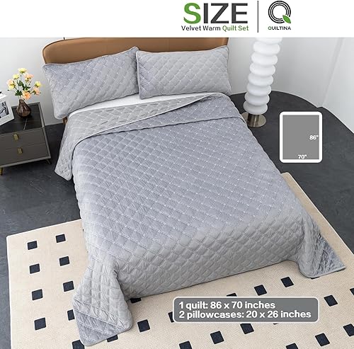 Miniatura 2 de QUILTINA Juego de edredón cálido de terciopelo holandés para otoño e invierno, edredón de calidad acolchado con bordado de imitación hecho a mano,