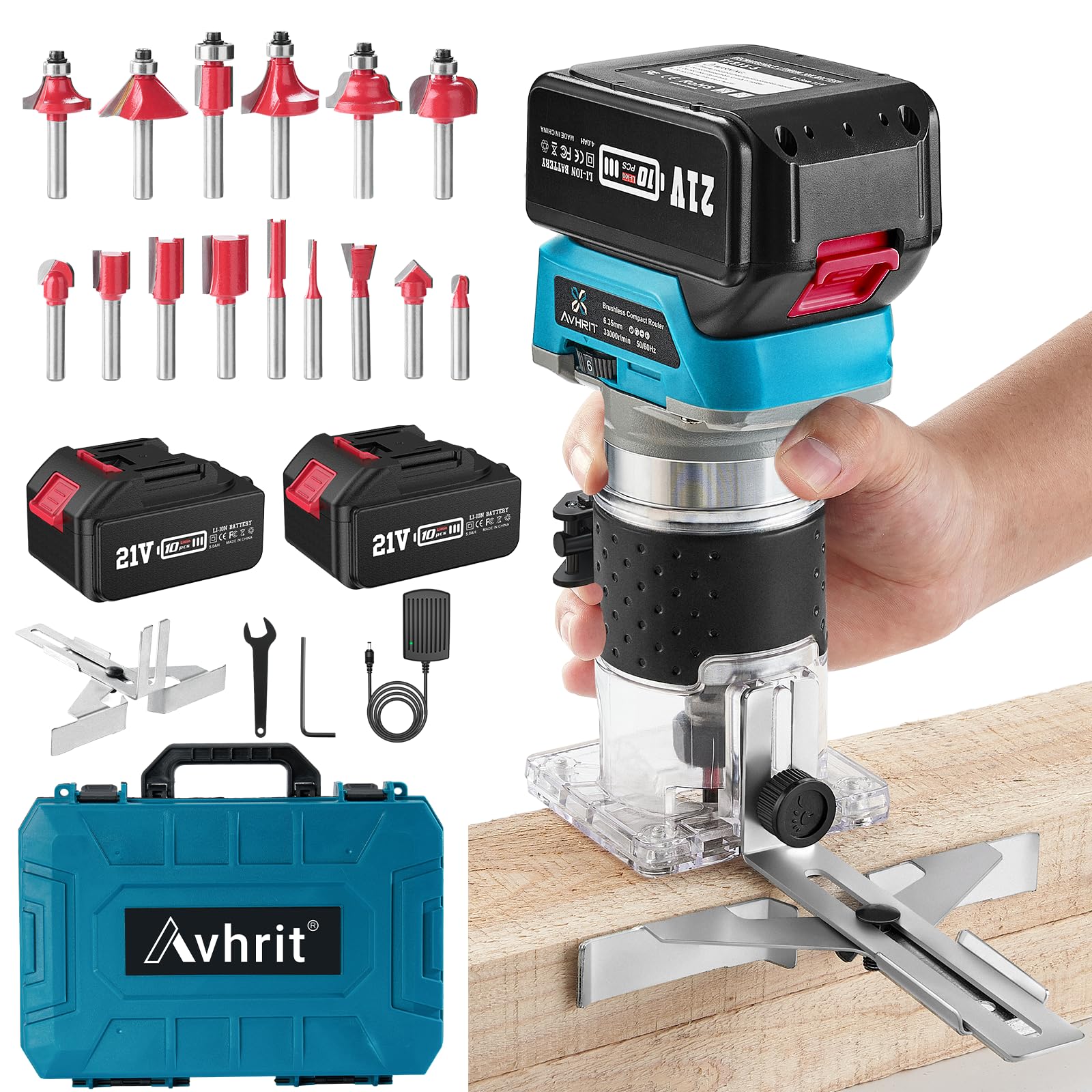 Cordless Compact Wood Palm Router, 21V Wood Router Tool with 2PCS 4.0Ah Batteries, Brushless Power Hand Palm Routers for Woodworking, Wood Trimmer Cutting with 15 Pieces 1/4" Router Bits Set
