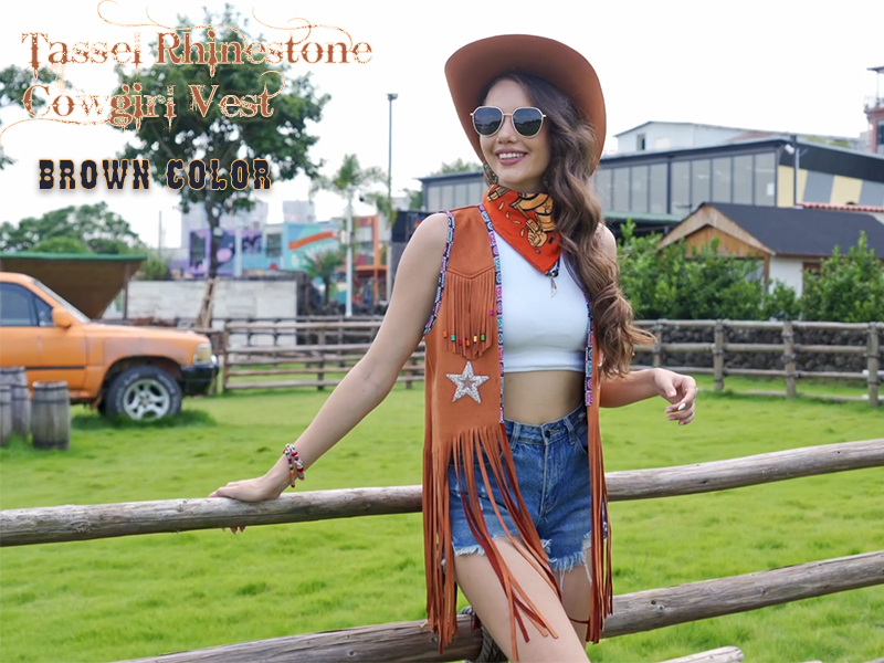 Pixiemain Women Tassel Sleeveless Rhinestone Cowgirl Vest 70s