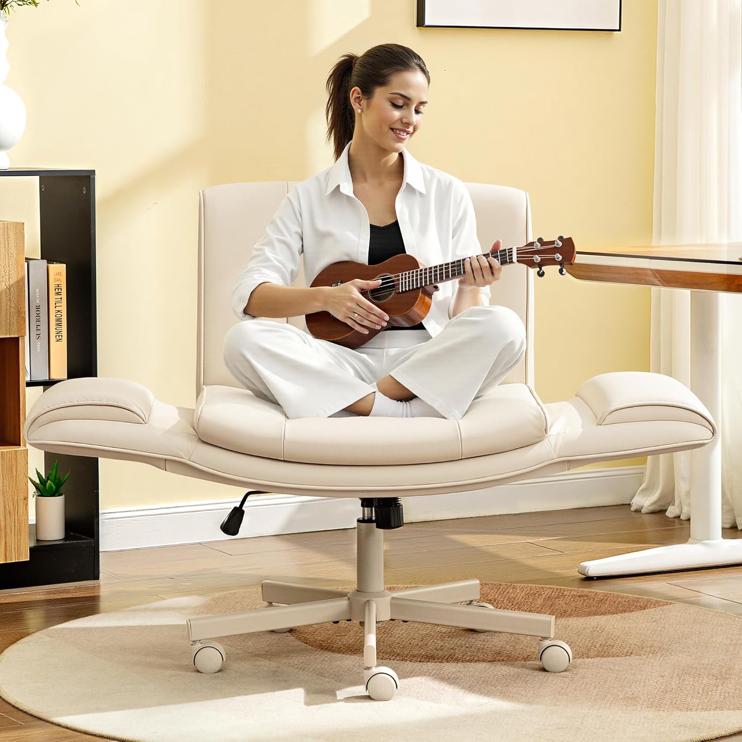 Criss Cross Chair with Wheels & Armrests,Comfy Wide Vanity Chair,Scratch-Resistant Pu Leather Cross Legged Desk Chair,Height Adjustable Computer Office Desk Chairs for Home,Makeup,Bedroom