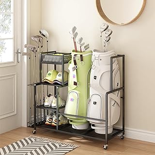 GILLAS Golf Bag Storage Garage Organizer, Golf Bag Stand Fit for 2 Golf Bags, Golf Equipment Accessories, Golf Bag Storage Rack with Wheels for Garage, Club, Shed, Basement