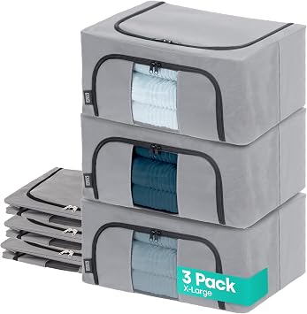 LIVIVO Set of 3 Storage Bags Boxes Organiser With Double Opening Zips Clear Windows Great for Storing Duvets Blankets, Bedding, Clothes Towels, Sweaters Toys - 56L Under Bed Closet Wardrobe Box