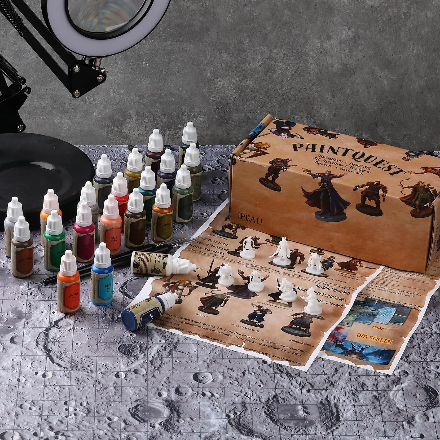 iPEAU|Acrylic Miniature Paint Kit-22 Waterbase Model Beginner Paint Set incl Metallic Gold&Silver Shade Brush-On Primer-7Kobold Figure Gift Man/Woman Painting Starter for DND War Hammer40K TTRPG