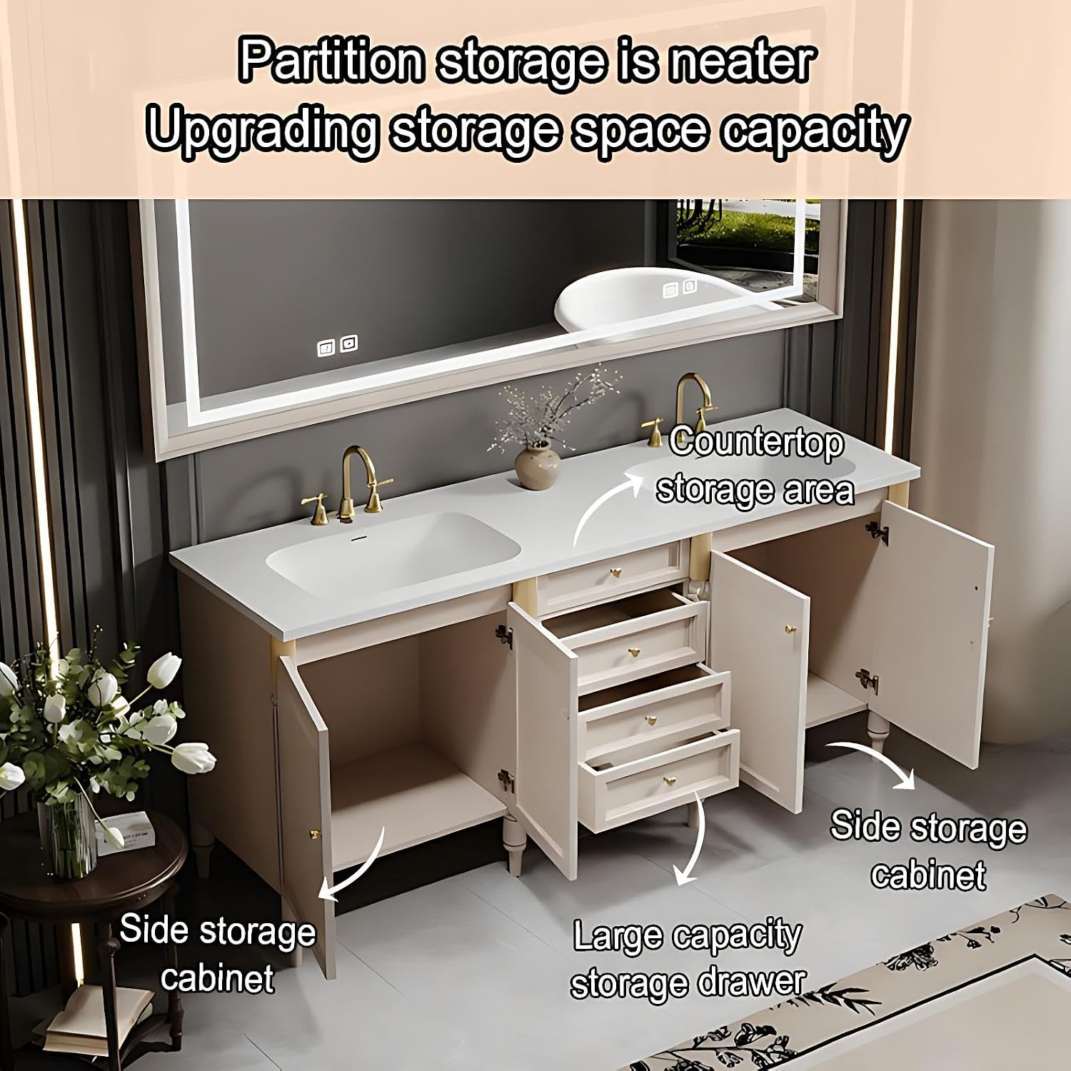 86IN Double Sink Bathroom Vanity - Luxury Double Sink Bathroom Vanity with Sink and Smart Defog Mirror, Large Storage Cabinet and Drawers, No Assembly Required