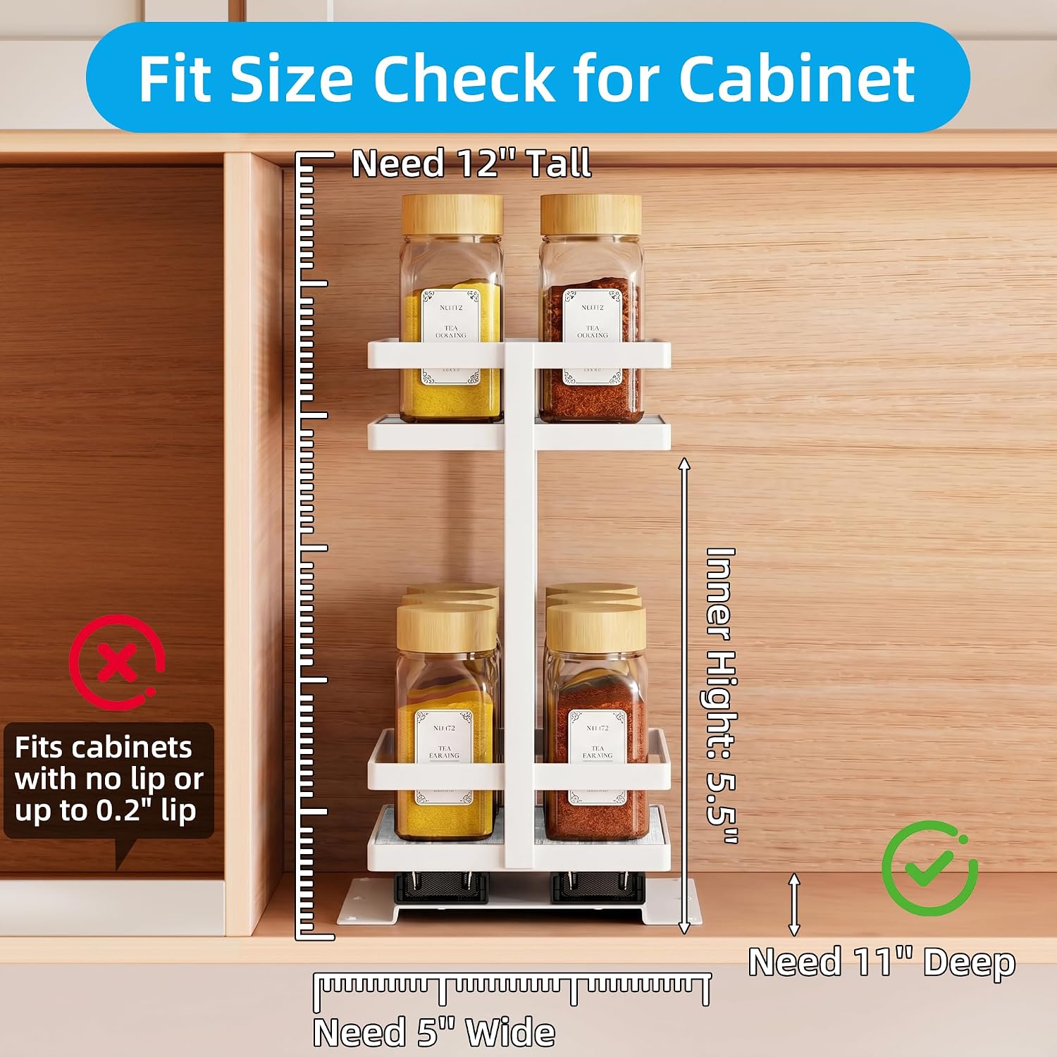 Pull Out Spice Rack 2-Tier Metal & Wood Seasoning Organizer White | No-Drill Install | Full-Extension Silent Glide | Each Tier Holds 10–12 Standard Spice Bottles | Rustproof, Wipe-Clean Surface