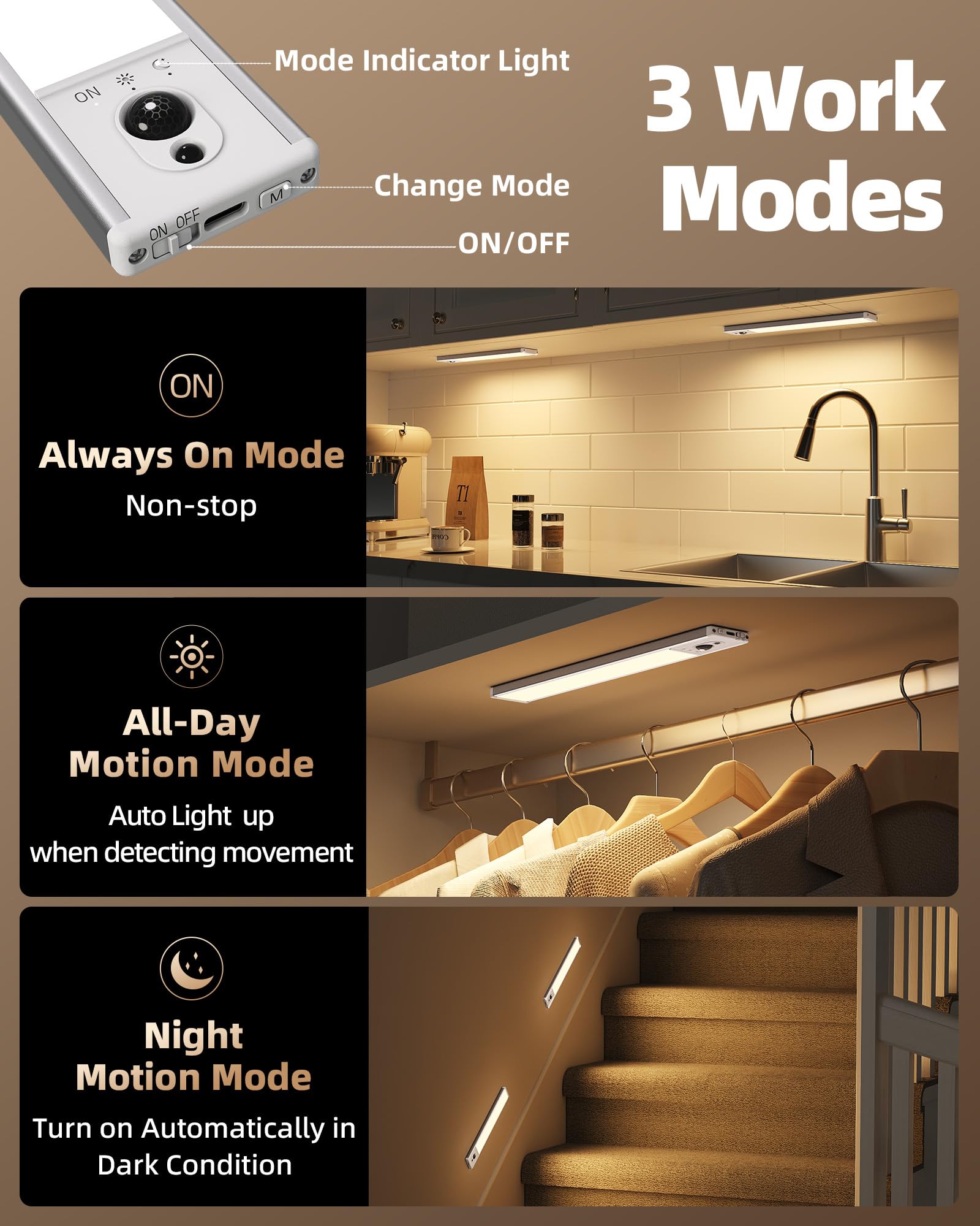 EZVALO Luces de cocina para debajo del gabinete, paquete de 5 luces de sensor de movimiento inalámbricas regulables de 3500 K para interiores con control remoto, luces nocturnas LED para cocina