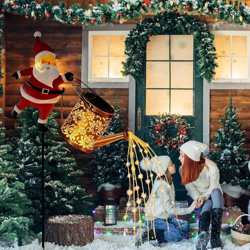 Arrosoir à lumière solaire extérieure avec support de Père Noël, lumière de jardin solaire étanche à LED, décoration de Noël - Maison