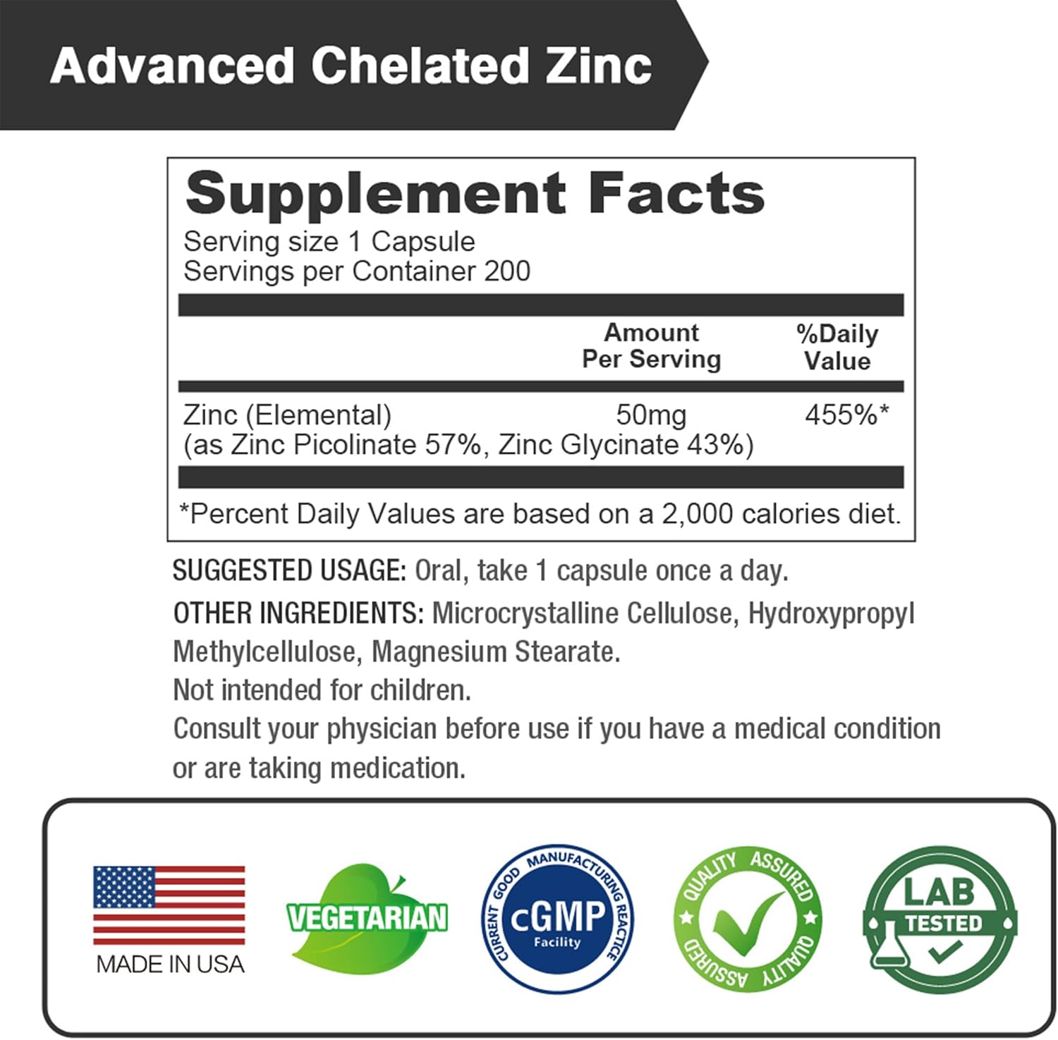 LOVITA Zinc 50mg | Potent Highly-Absorbed Chelated Zinc Supplements, Picolinate & Bisglycinate | Vegan, Gluten Free, non-GMO | For Immune, Antioxidant Support & Healthy Skin | 200 Capsules (Pack of 3) - Image 2