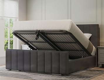 Ottoman Bed - Steel/Dark Grey Double Bed with Storage in Plush Velvet - Upholstered Panel Bed - Mattress Not Included