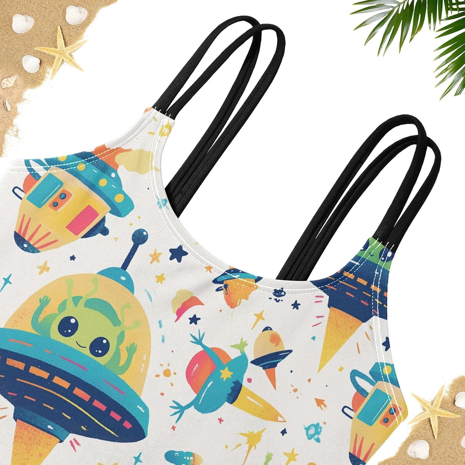 visesunny Girls Two Piece Swimsuits Cartoon Alien UFO Girl's Bikini Sets Bathing Suits for Girls Size 5-12Y