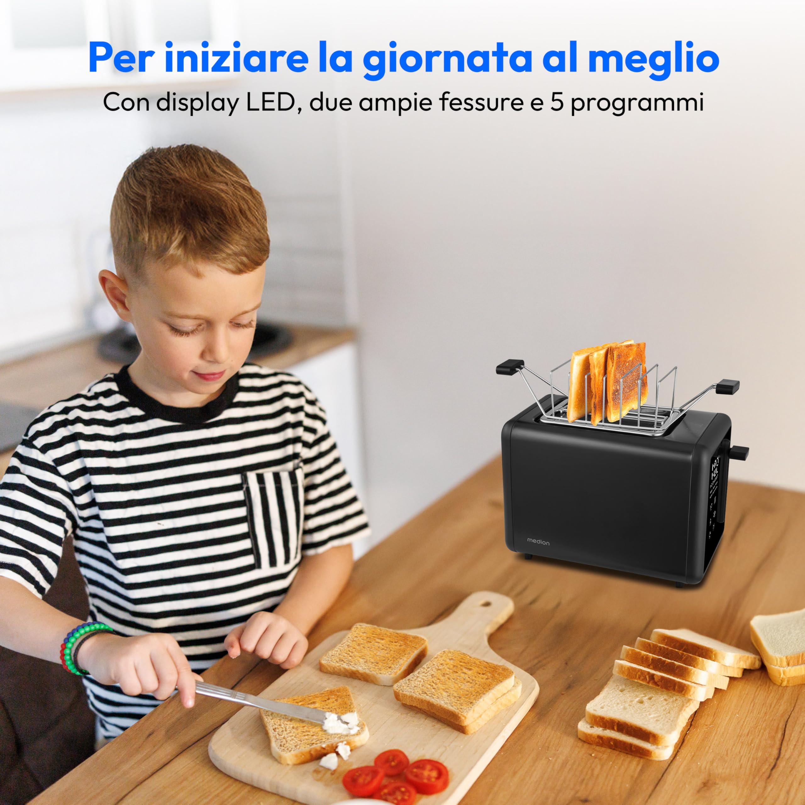 MEDION Tostapane MD12102 (2 fessure, display LED touch, 7 livelli di doratura, 5 programmi automatici) nero