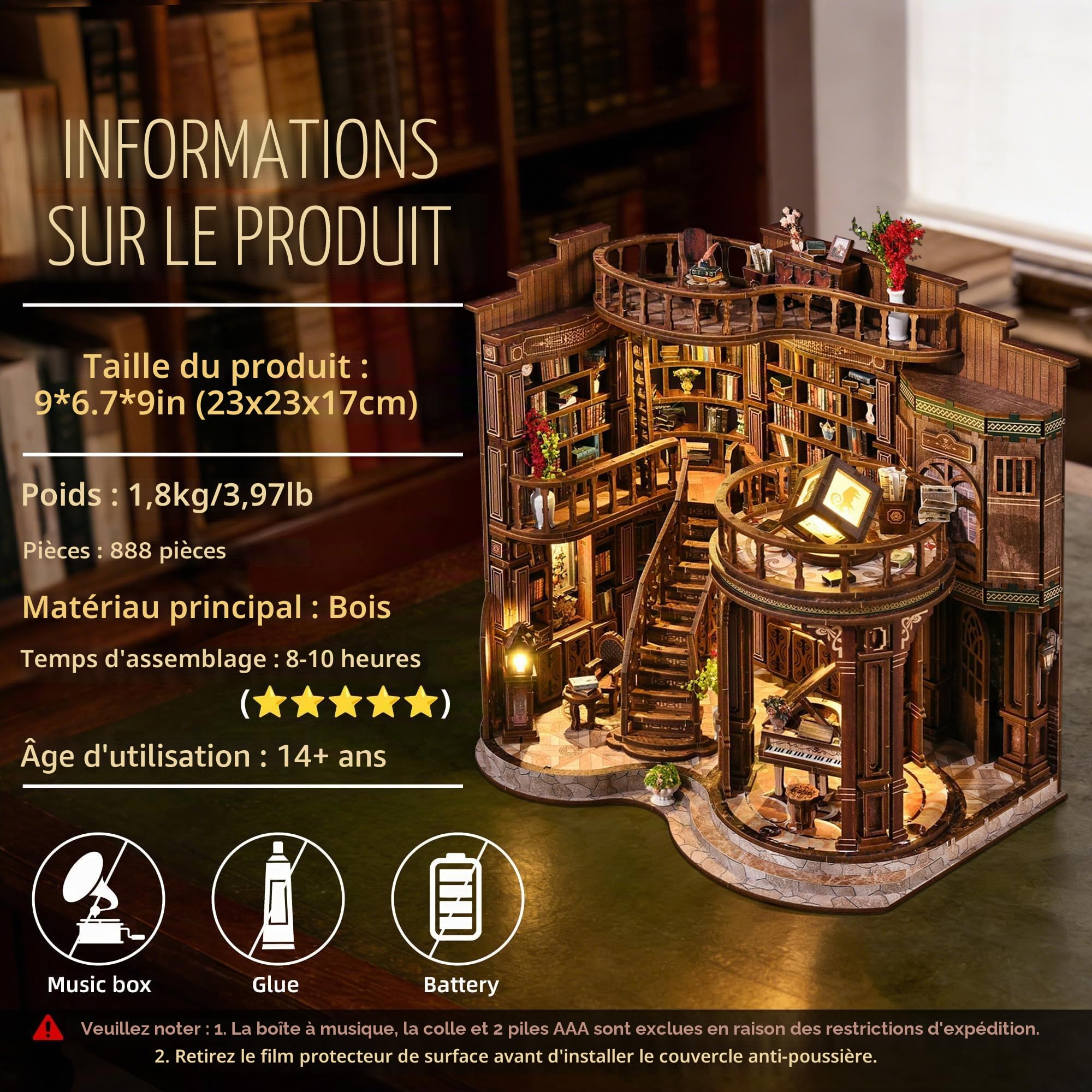 Kit Book Nook pour Adultes - CRIOLPO Puzzle 3D en Bois Insertion De Bibliothèque avec Lumière LED - Modèle D'Architecture Et Décoration Artistique pour Collectionneurs