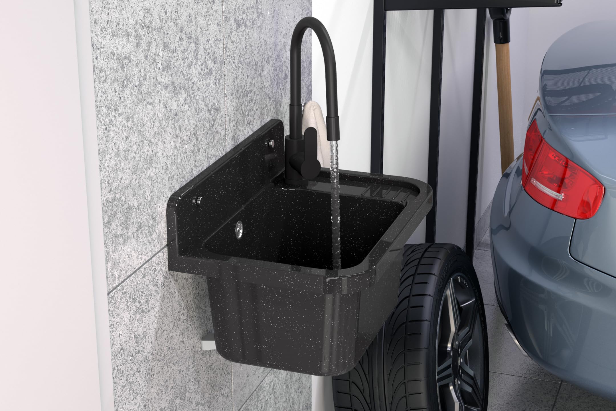 Lavabo Universel avec Siphon et Robinet de Lavabo Flex - 50x34x31 cm - Évier Exterieur pour Garage et Cave - Montage Mural - Noir - Granitan