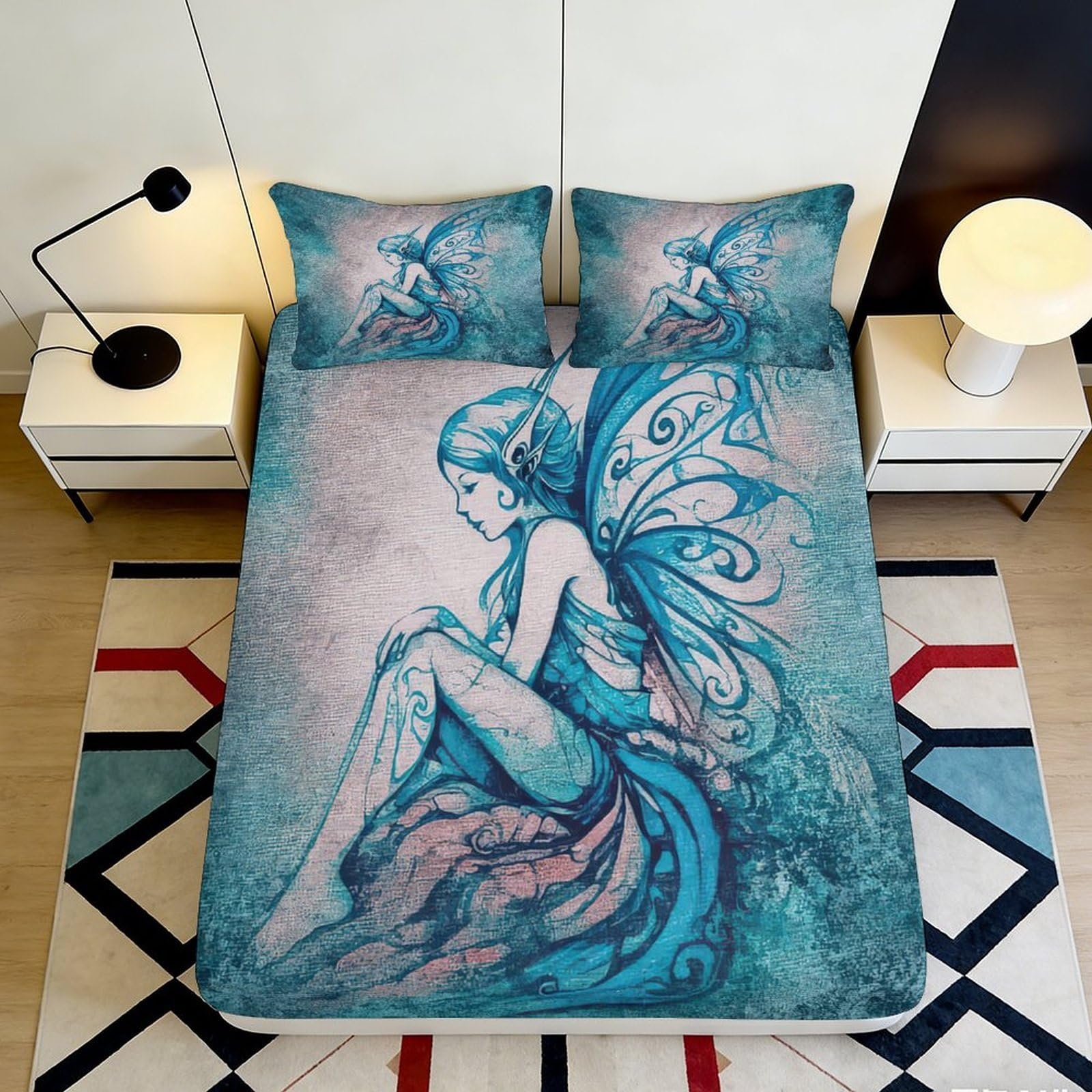 3D Printed Blue Fairy Fitted Sheet Microfiber Soft Mattress Cover Fantasy Wings for Bedroom Dorm Protection Decor 140x200x25cm