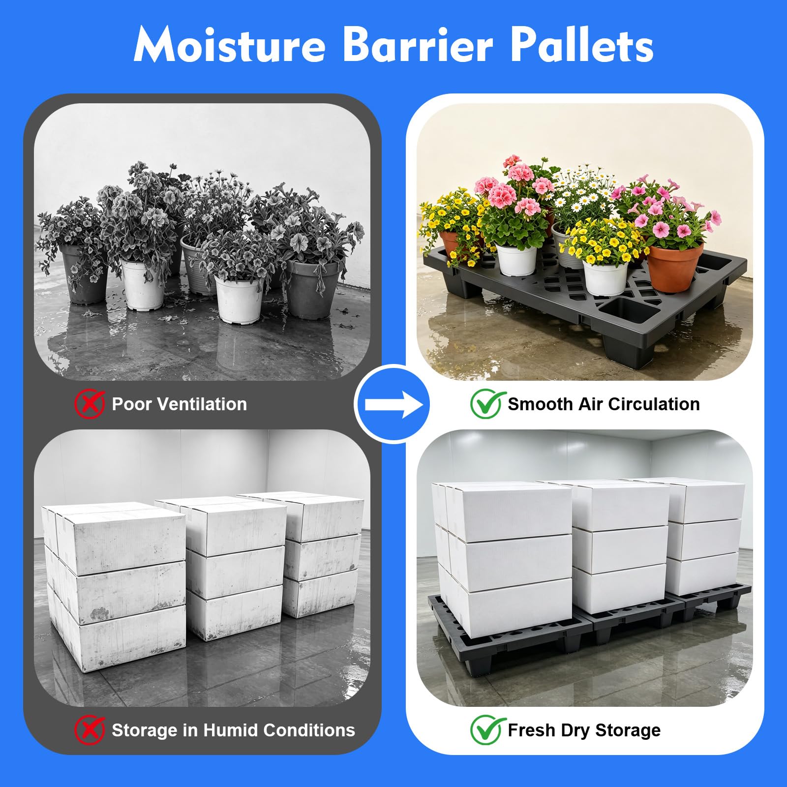 Set di 6 pallet in plastica da 60 x 40 x 10 cm, con giunto | Portata 100 kg per pallet, impilabile e bloccabile, superficie antiscivolo, piedini per stabilità