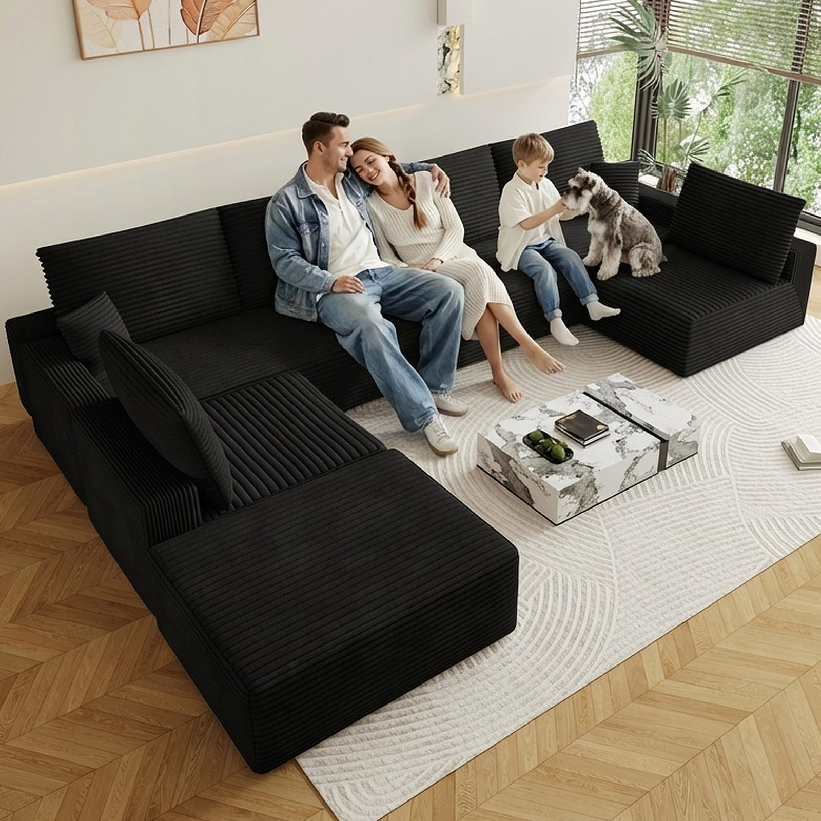 Oversized Modular Sectional Sofa Couch, Large 7 Seater Corner Sofa Modern U Shaped Sectional Couch with Ottoman Cloud Couches for Living Room, Office, Spacious Space, Corduroy, No Assembly, Black