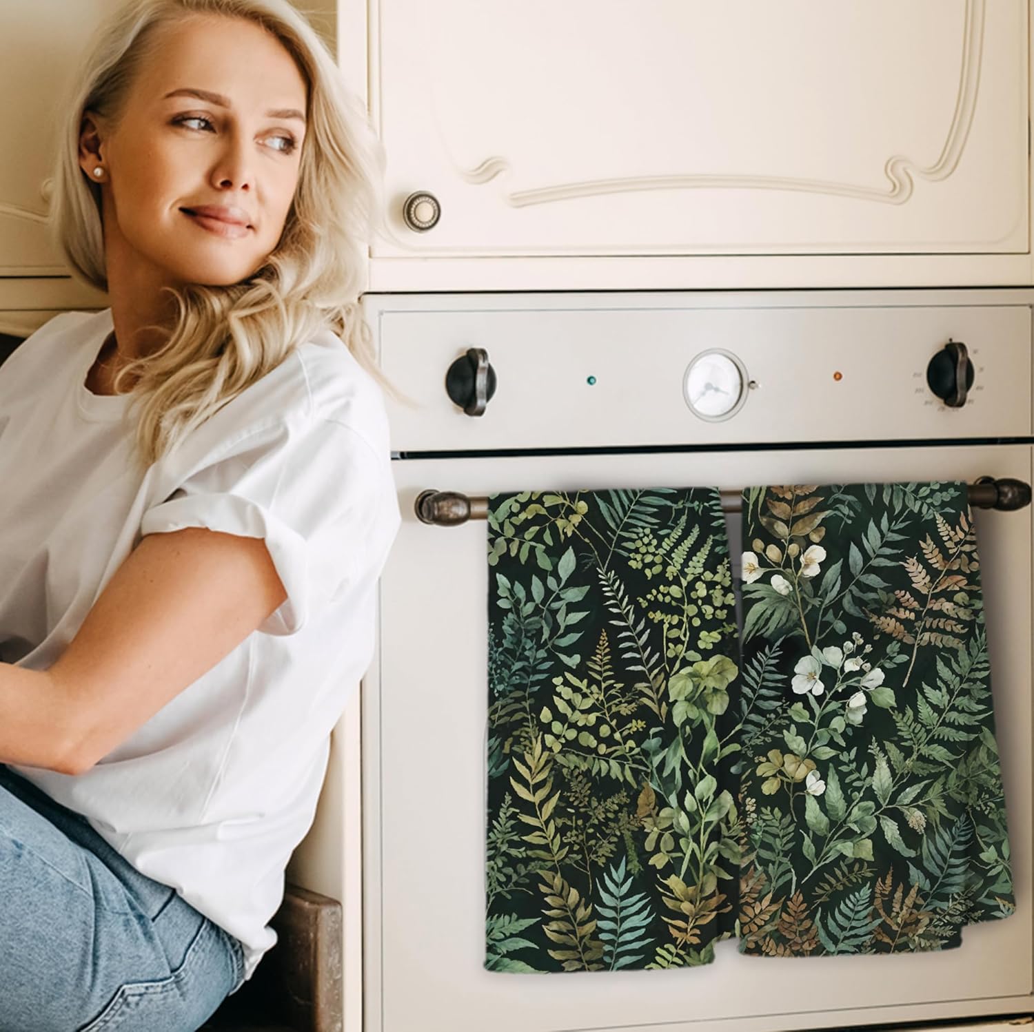 Dark Green Botanical Kitchen Towels, Rustic Plants Hand Towels for Bathroom Kitchen, Cottagecore Herb Fern Leaves and Flower Decorative Dish Towels Drying Cloth, 16x24 Inch Set of 2 - Image 2