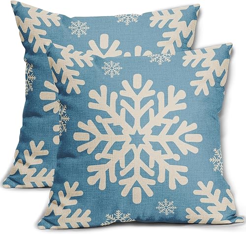 Juego de 2 fundas de almohada de Navidad azul claro de 18 x 18 pulgadas, fundas de almohada decorativas de lino para exteriores, decoración de sofá,