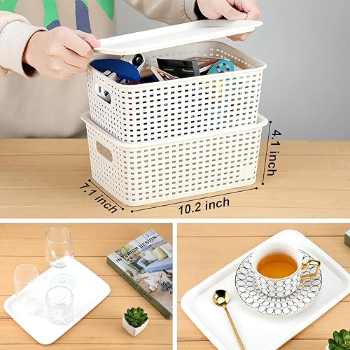 Miniatura 8 de AREYZIN Cestas de almacenamiento de plástico con tapa, contenedor organizador de punto con tapa para estantes, cajones, escritorio, armario, sala de