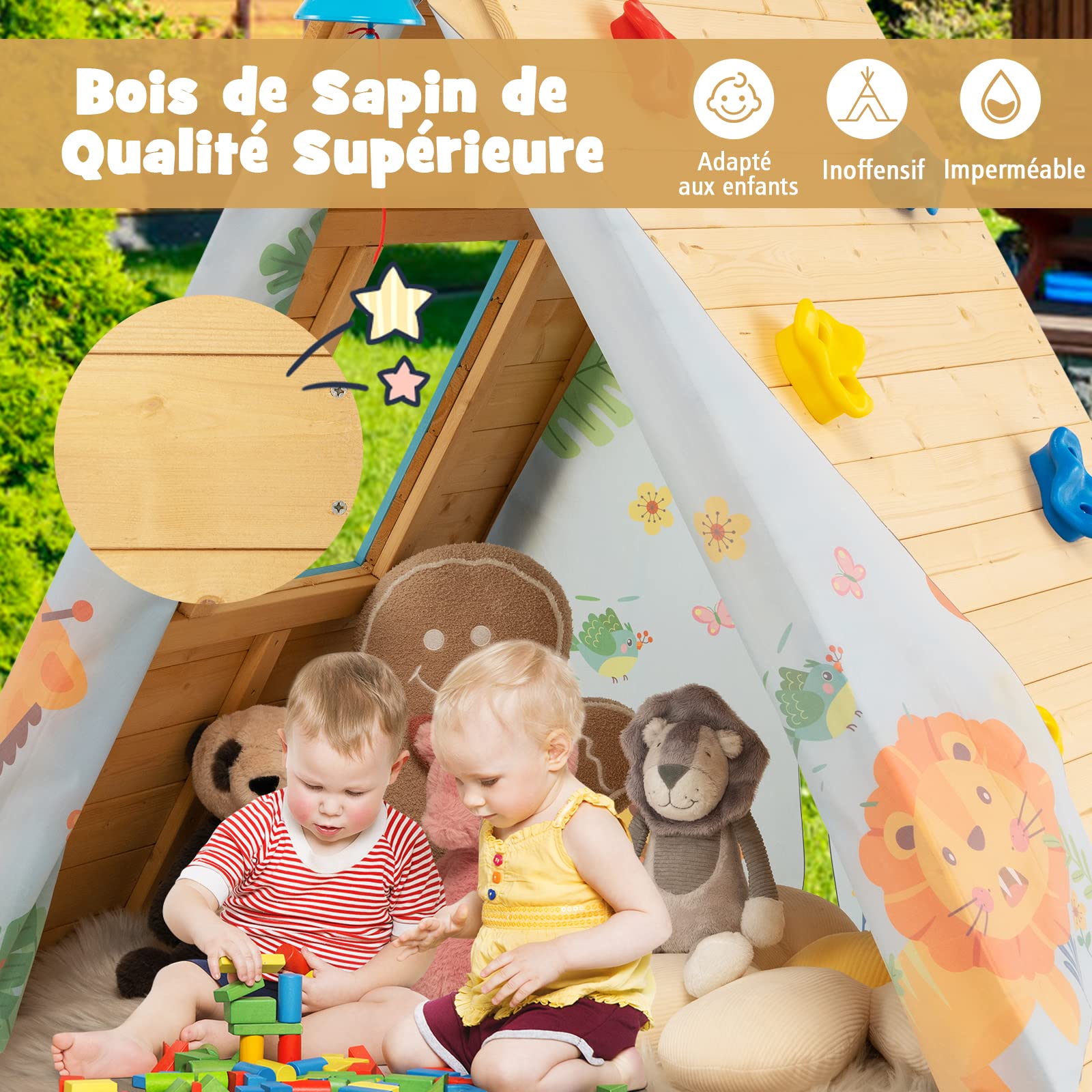COSTWAY Cabane de Jardin Enfants avec Mur d'escalade, Maison de Jeu 2 en 1 avec Cloche en Bois de Sapin, Exterieur Intérieur, Charge 30KG, Adapté aux 2 Enfants de 3 à 8 Ans, Naturel