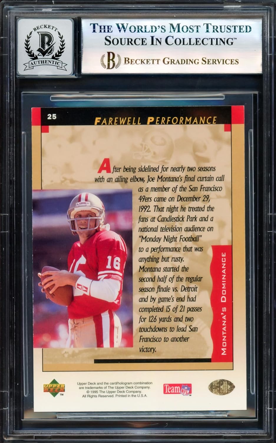 Joe Montana Autographed 1995 U.p.p.e.r D.e.c.k Football Card #25 Auto Grade Gem Mint 10 Beckett BAS #17604243