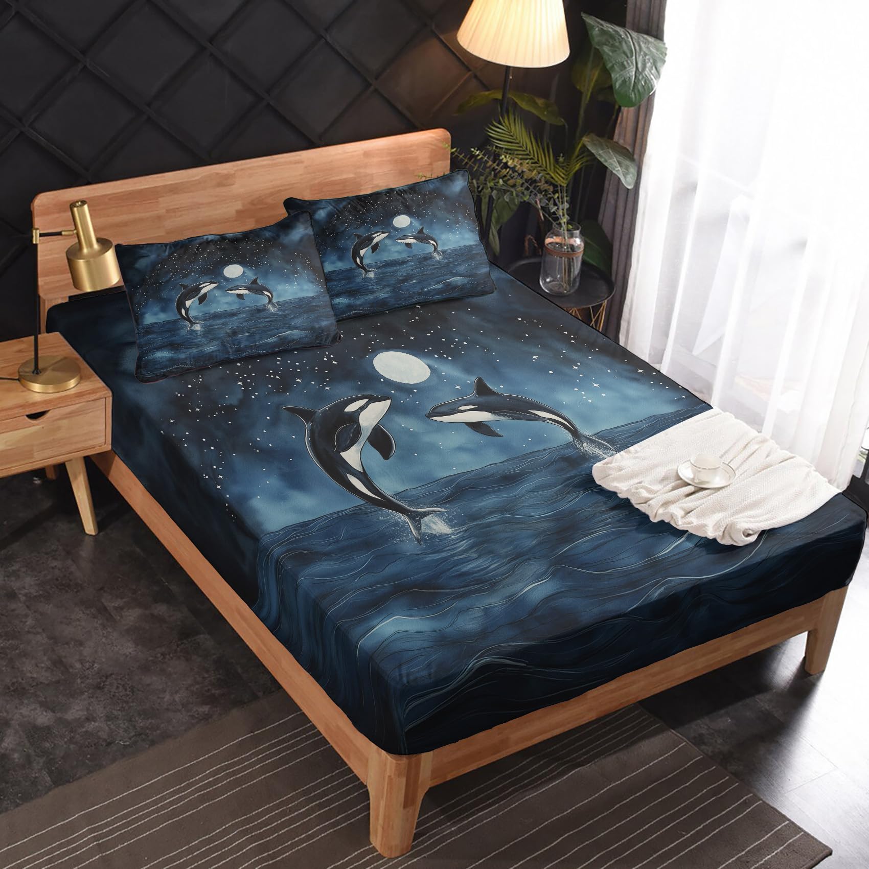 Zvynqour Killer Whale Bed Sheets Cal King Size - Orcinus Orca Sheet Set - Deep Pocket Fitted Sheets & Flat Sheet & Pillowcases 4 Piece - Moon Sky Starry Sea Animal Bedding & Decor
