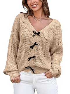 CUPSHE Womens Sweaters Bow Sweater Neck Casual Long Sleeve Lightweight Crochet Pullover Sweater Tops