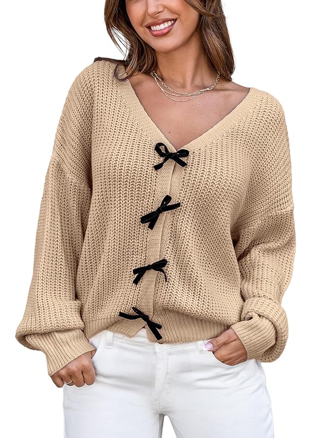 CUPSHE Womens Sweaters Bow Sweater Neck Casual Long Sleeve Lightweight Crochet Pullover Sweater Tops