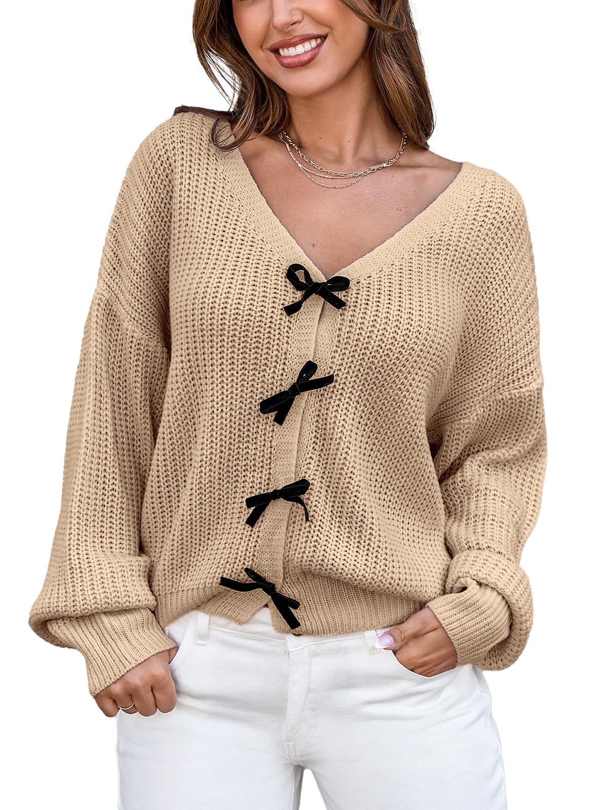 CUPSHE Womens Sweaters Bow Sweater Neck Casual Long Sleeve Lightweight Crochet Pullover Sweater Tops