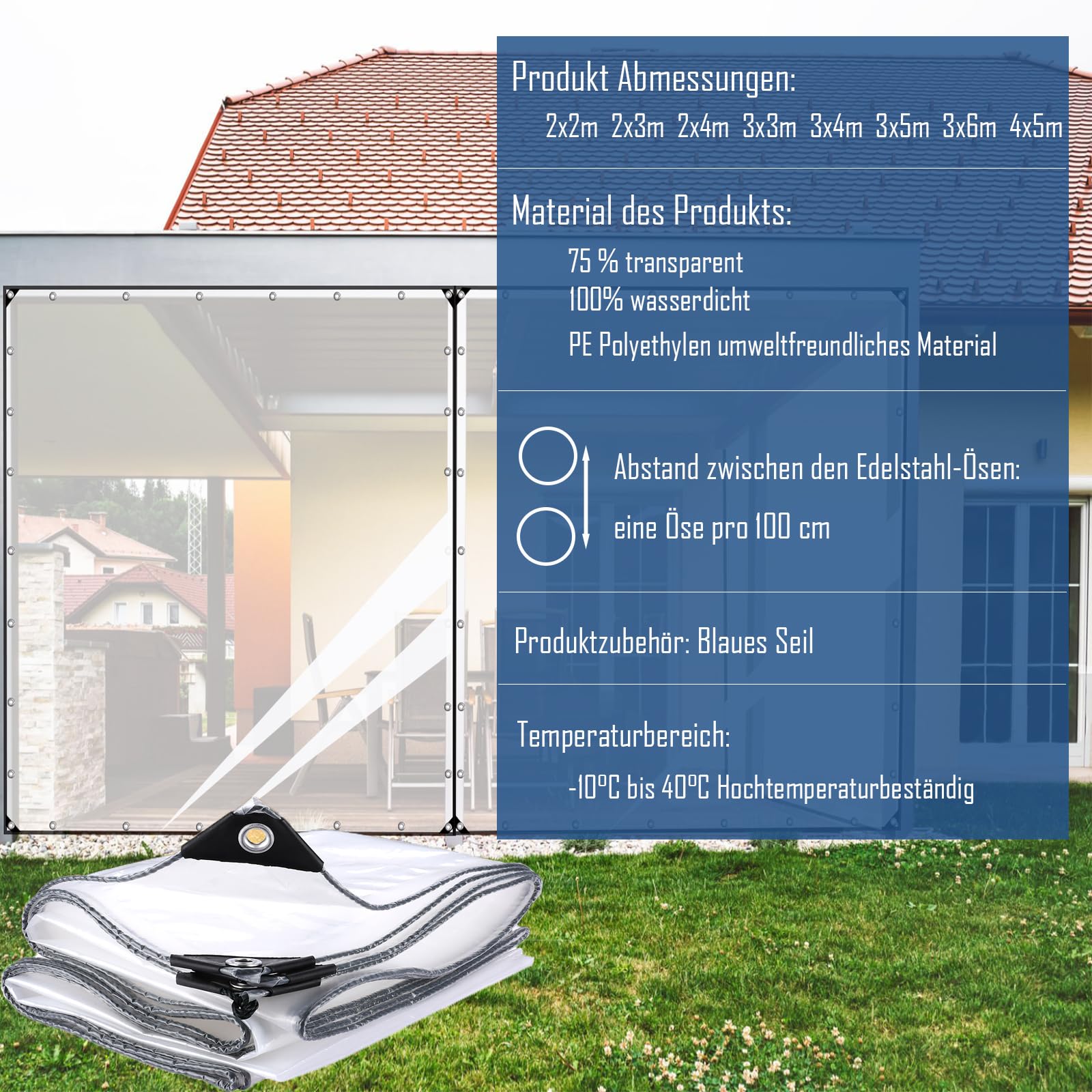 wasserdichte Transparente PE Plane mit Ösen | Wetterfest Faltbar, Regenschutz für Gartenmöbel, Pflanzen und Gewächshäuser Geeignet für Camping, Balkon, Abdeckplane Wasserdicht 3.7x4.6m