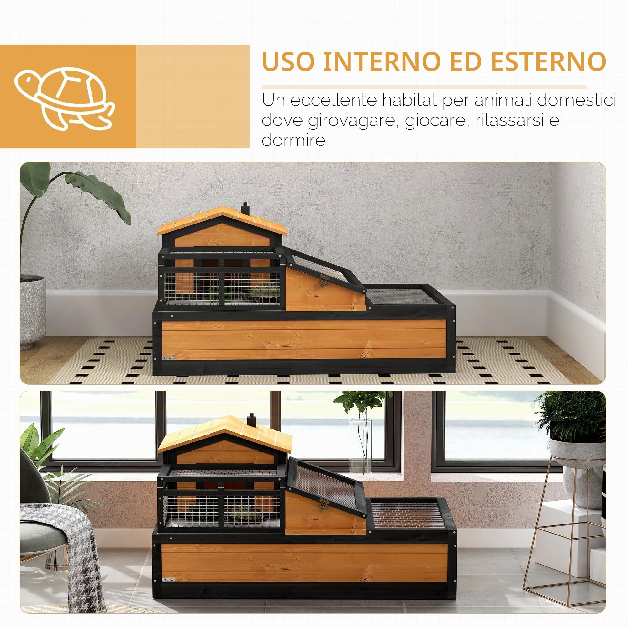 PawHut Casetta per tartarughe in legno, recinto per tartarughe con 2 livelli, case principali, balcone, gabbia per rettili da esterno con tetto apribile, terrario per tartarughe, rettili, giallo