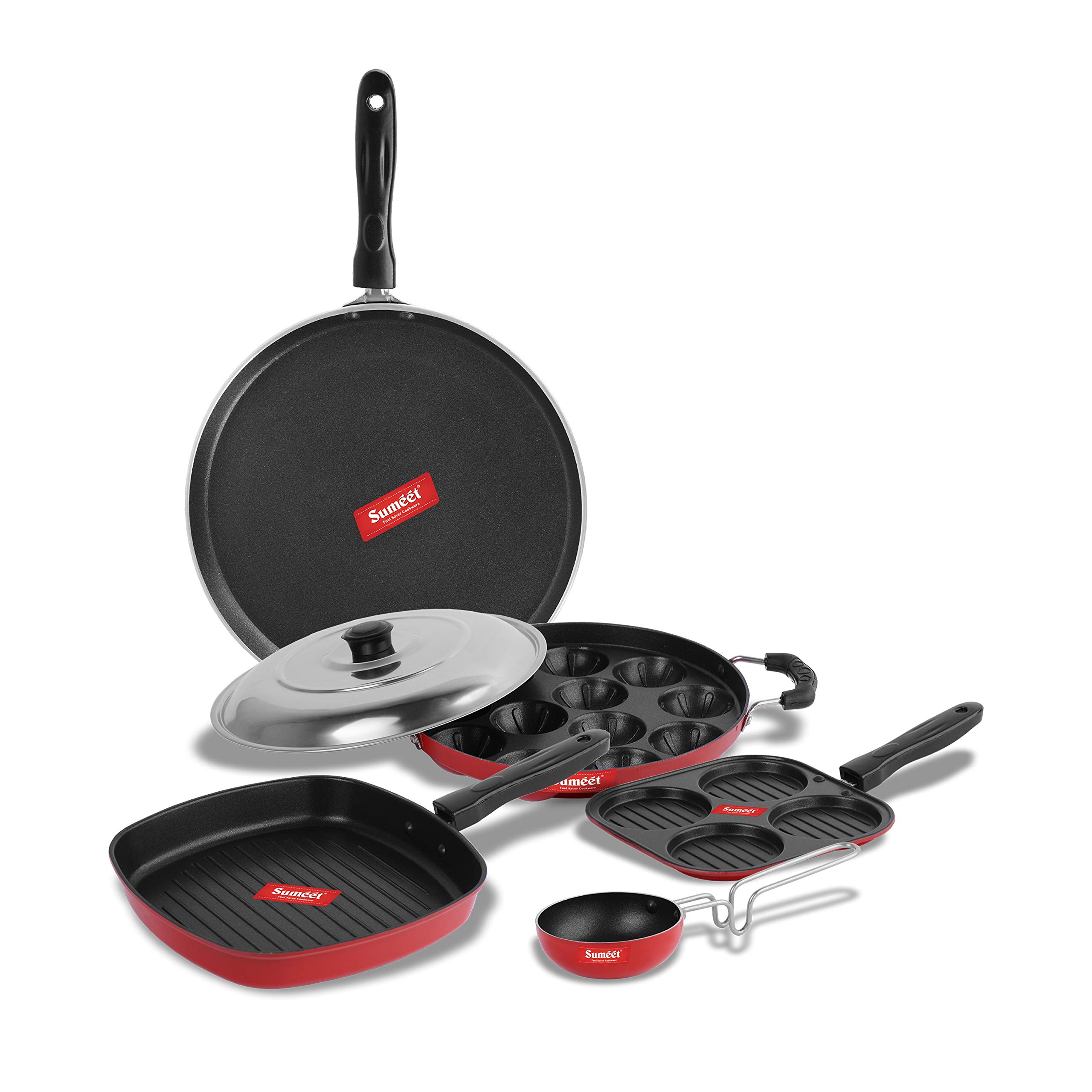 Sumeet 2.6mm Thick Non-Stick Beet Cookware set (Dosa Tawa – 26.5cm Dia + Multi snack maker – 26.5cm Dia + Grill Pan – 1.1Ltr + Grill Appam Patra with Lid – 23cm Dia + Tadka Pan – 10cm Dia)