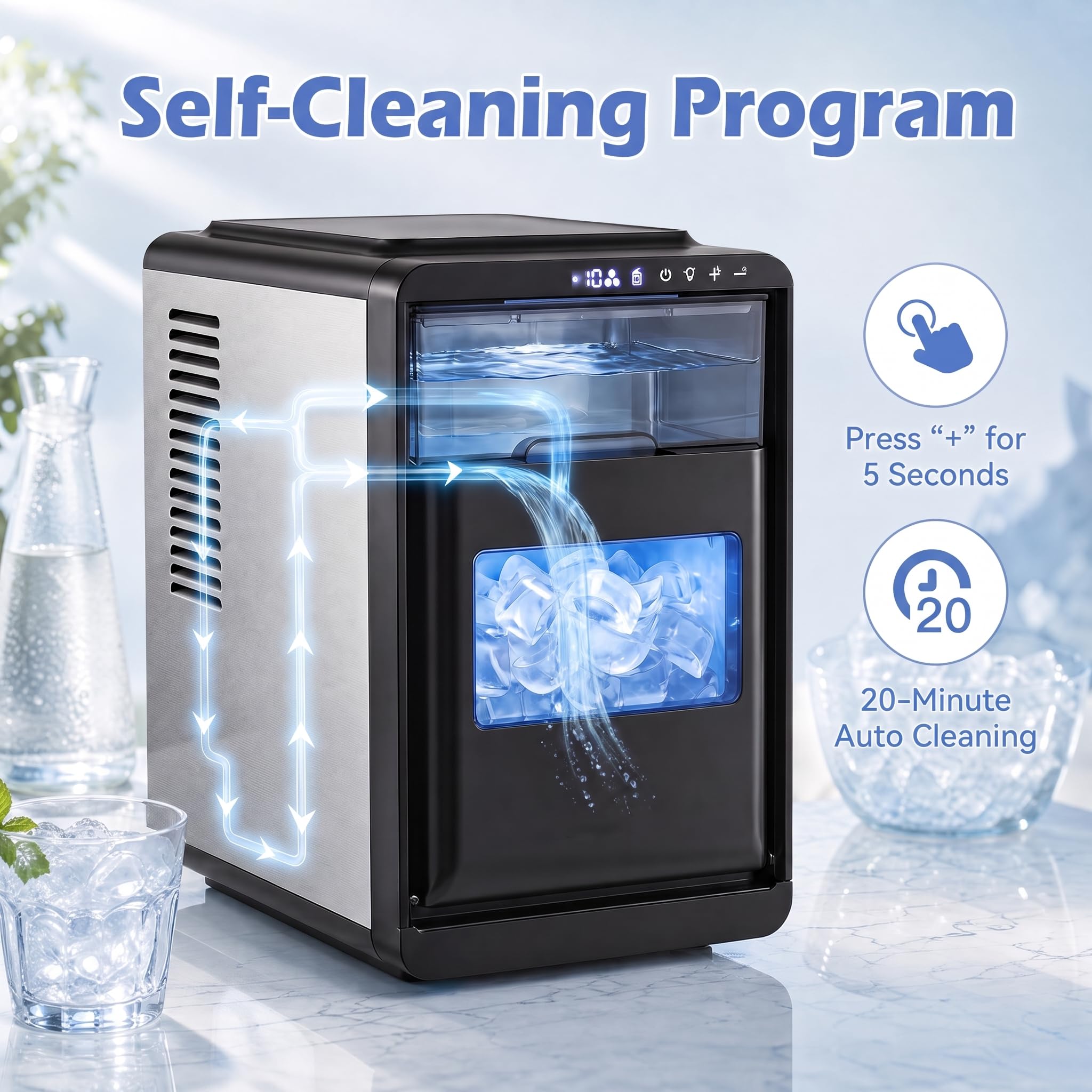 LIFEZEAL Macchina Ghiaccio 12kg/24h, Serbatoio 1,8L, Autopulente | Macchina del Ghiaccio Silenzioso con Cestello Paletta, 11 Livelli di Spessore Regolabile, per Casa/Cucina/Ufficio/Bar