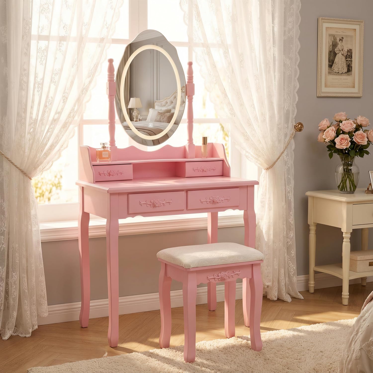 ZenithX Pink Princess Vanity Desk Set with Mirror & Cushioned Stool, Adjustable Light Modes, 4-Drawer Wooden Makeup Vanity Table with Large Storage for Girls’ Bedroom, Elegant Dressing Table