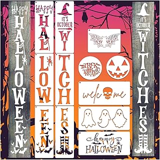 Happy Halloween Stencils Its October Witches Stencils for a Vertical Sign Welcome Trick or Treat Pumpkin Face Templates Halloween Paint Stencils for Painting on Wood Sign DIY Crafts (Halloween 12pcs)