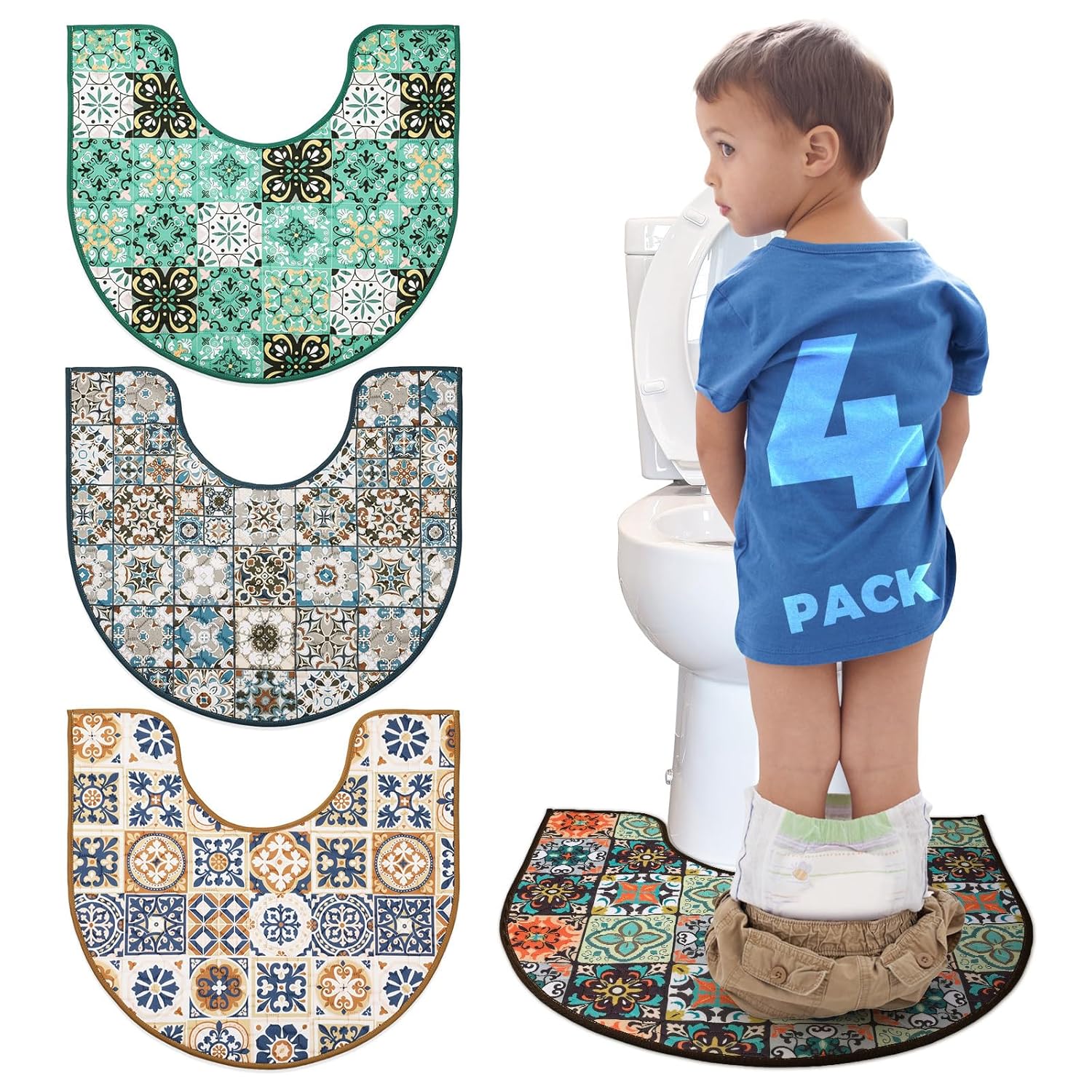 Washable Commode Potty Training Mats, Super Absorbent Reusable Toilet Training Rug for Kids, Leak-Proof & Non-Slip Adult Incontinence Toilet Mat, Bathroom Floor Protector Pads 4 Pack