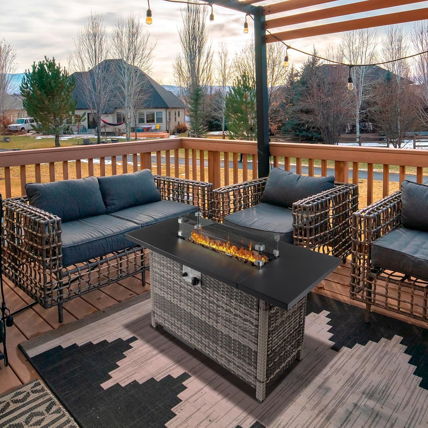 Outvita Fire Pit Table, 43" 50,000 BTU Rectangle Metal and Wicker Propane Fire Table with Lid, Lava Rocks, Waterproof Dust Cover and Glass Wind Guard for Garden Backyard Deck Patio