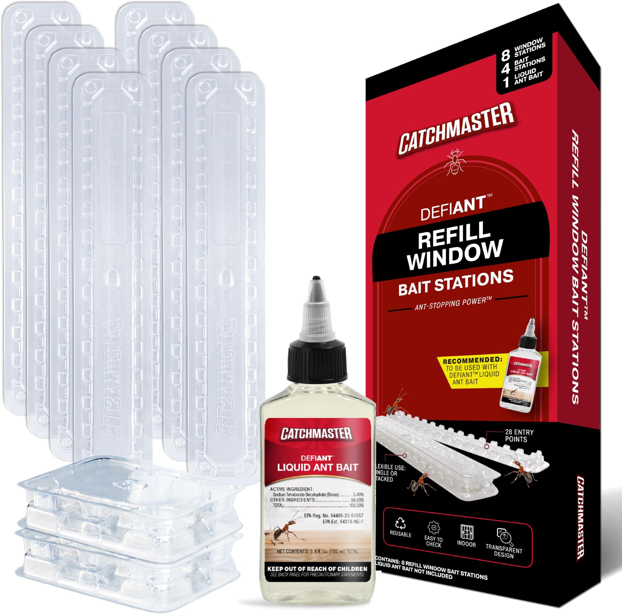 Catchmaster DEFIANT Liquid Ant Bait + 4 Classic Ant Stations + 8 Window Sill Stations Bundle, Multi-Surface Pest Control Traps for Home & Outdoor, Reduce & Remove Colonies